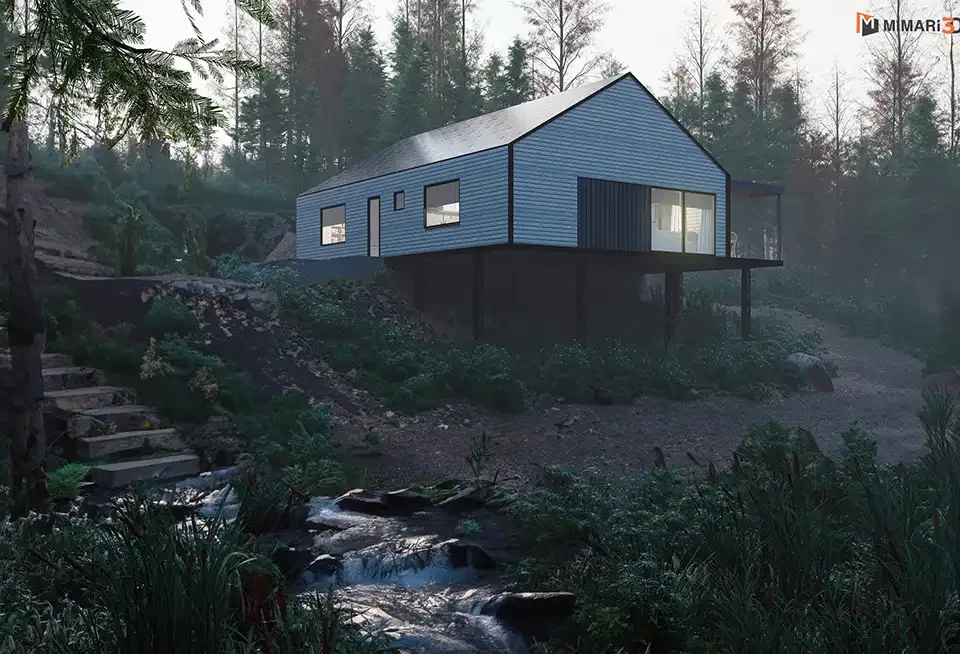 Ormanlık yamaçta, puslu ışıkta duran modern evin atmosferik dış mekân render'ı