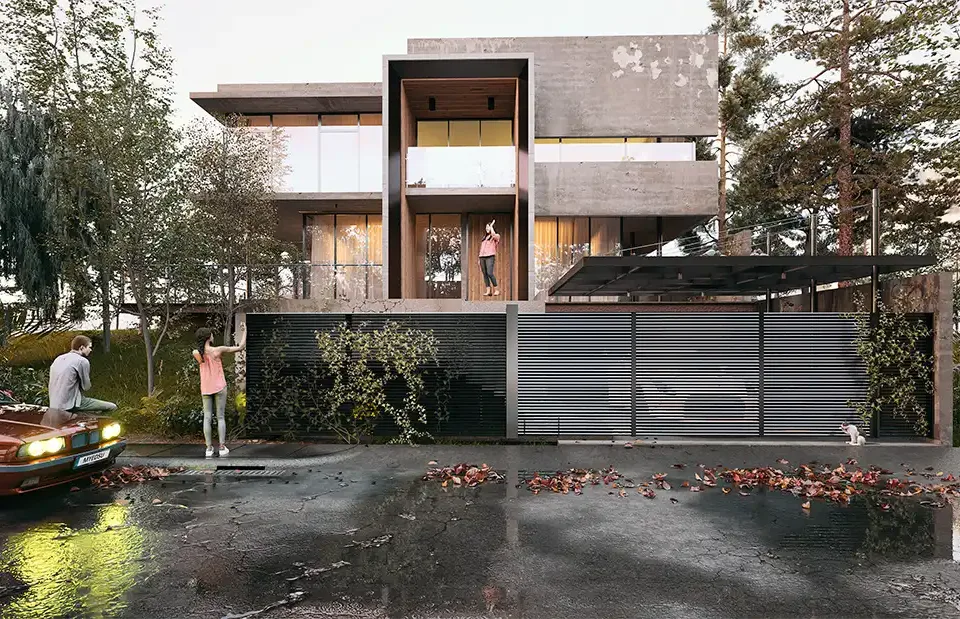 Ahşap ve brüt beton kaplamalı iki katlı modern müstakil evin yağmur sonrası ıslak yoldan görülen dış cephe render'ı