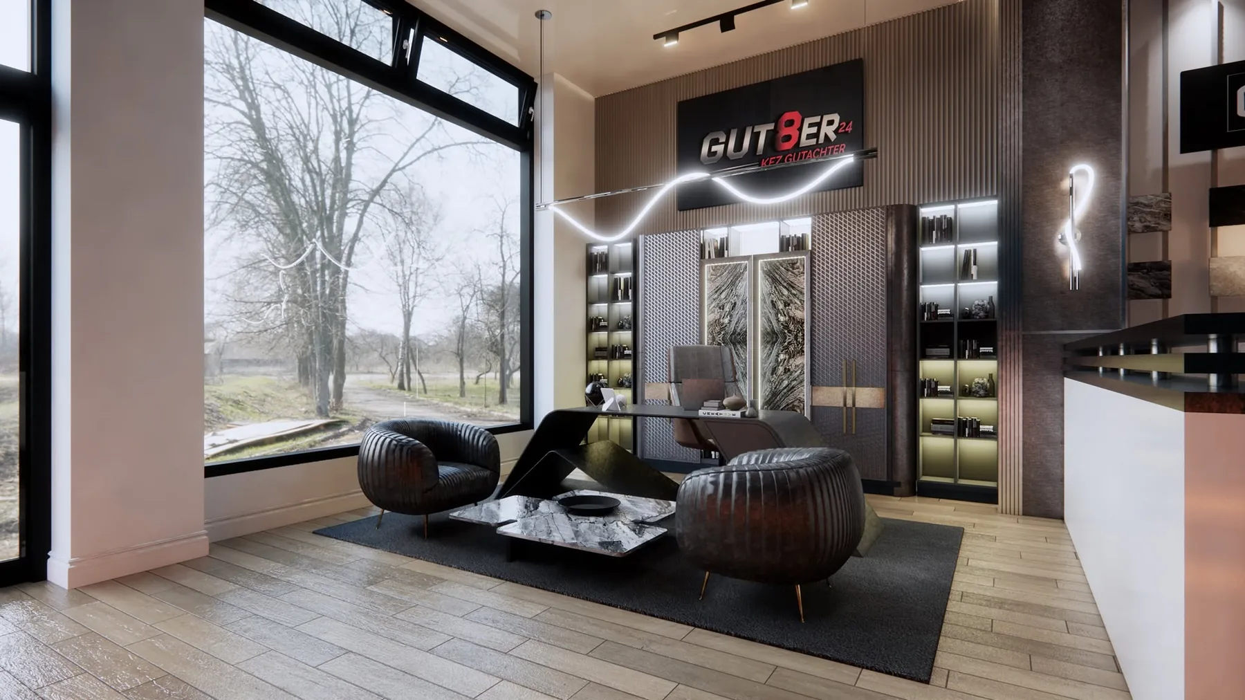 Executive office with a large window, office design render