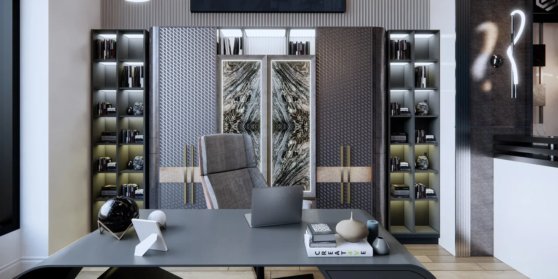 Executive desk and backlit shelving wall, office render