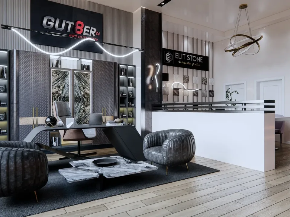 Modern ofis tasarımı: yönetici odası ve resepsiyon 3D render