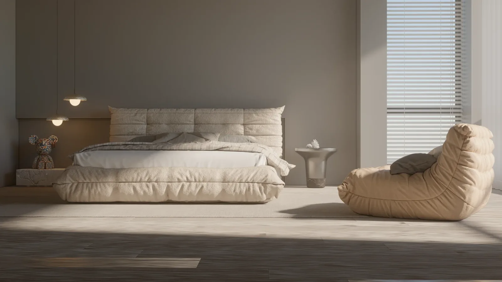 Güneş ışığının zemine düştüğü yatak odası path tracing render'ı