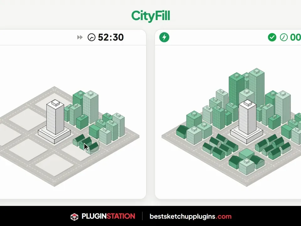 CityFill ücretsiz SketchUp eklentisiyle binanın çevresine yerleştirilmiş hazır binalar