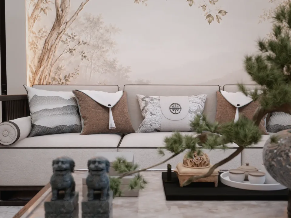 Render Fun ile alınmış, kumaş ve seramik dokularının göründüğü yakın plan kanepe render'ı