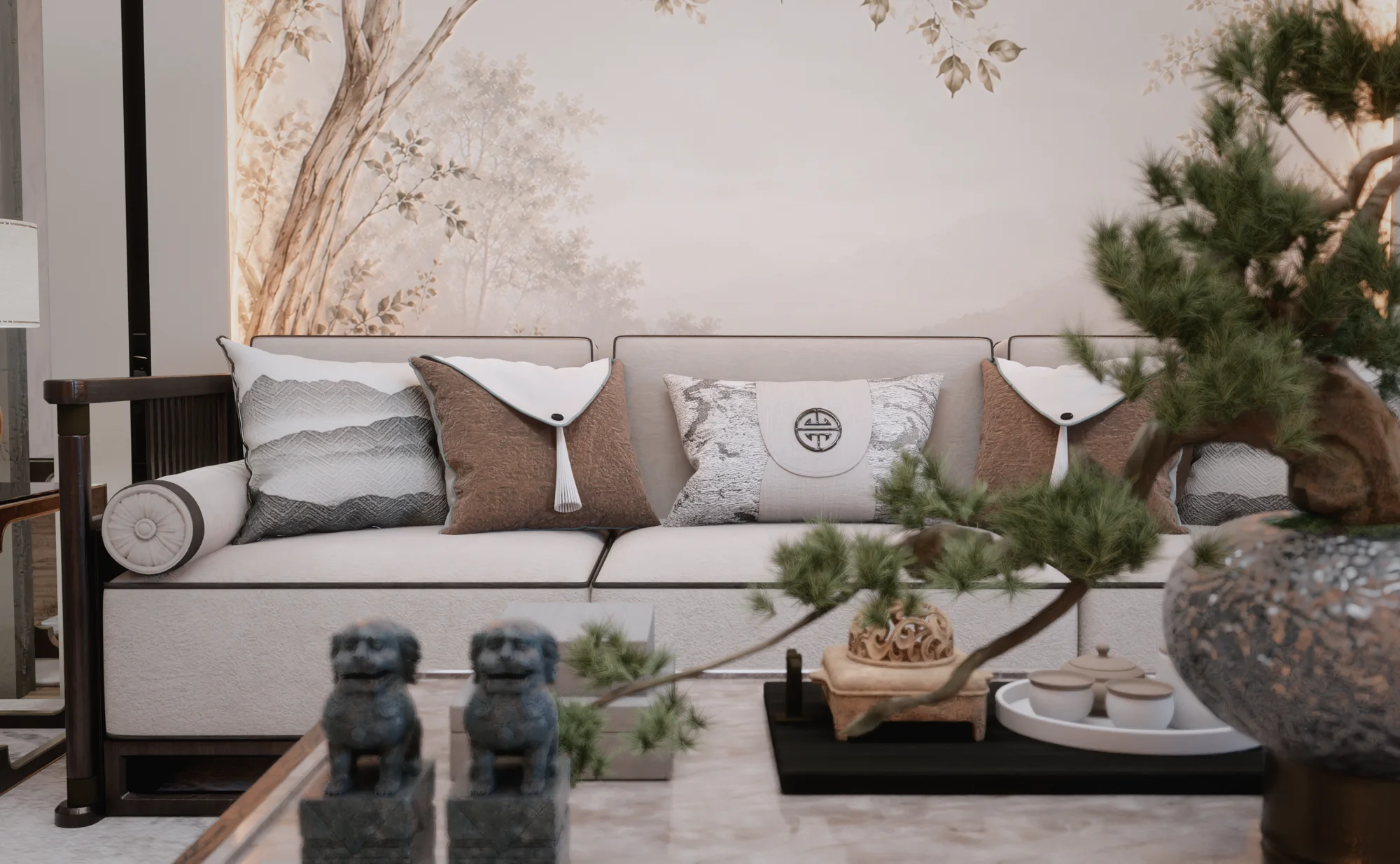 Close-up render of a sofa and decor made with Render Fun