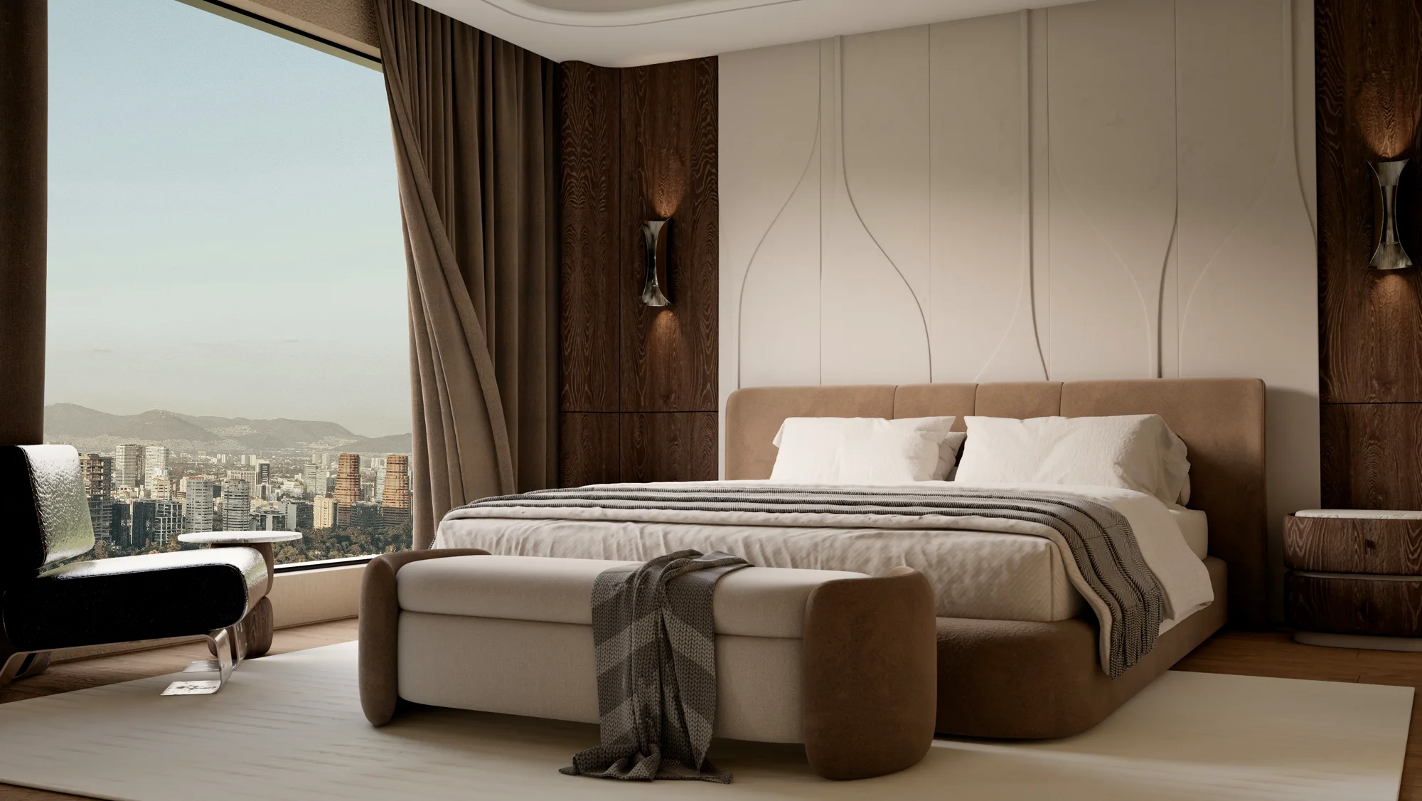 Interior render of a bedroom with a city view