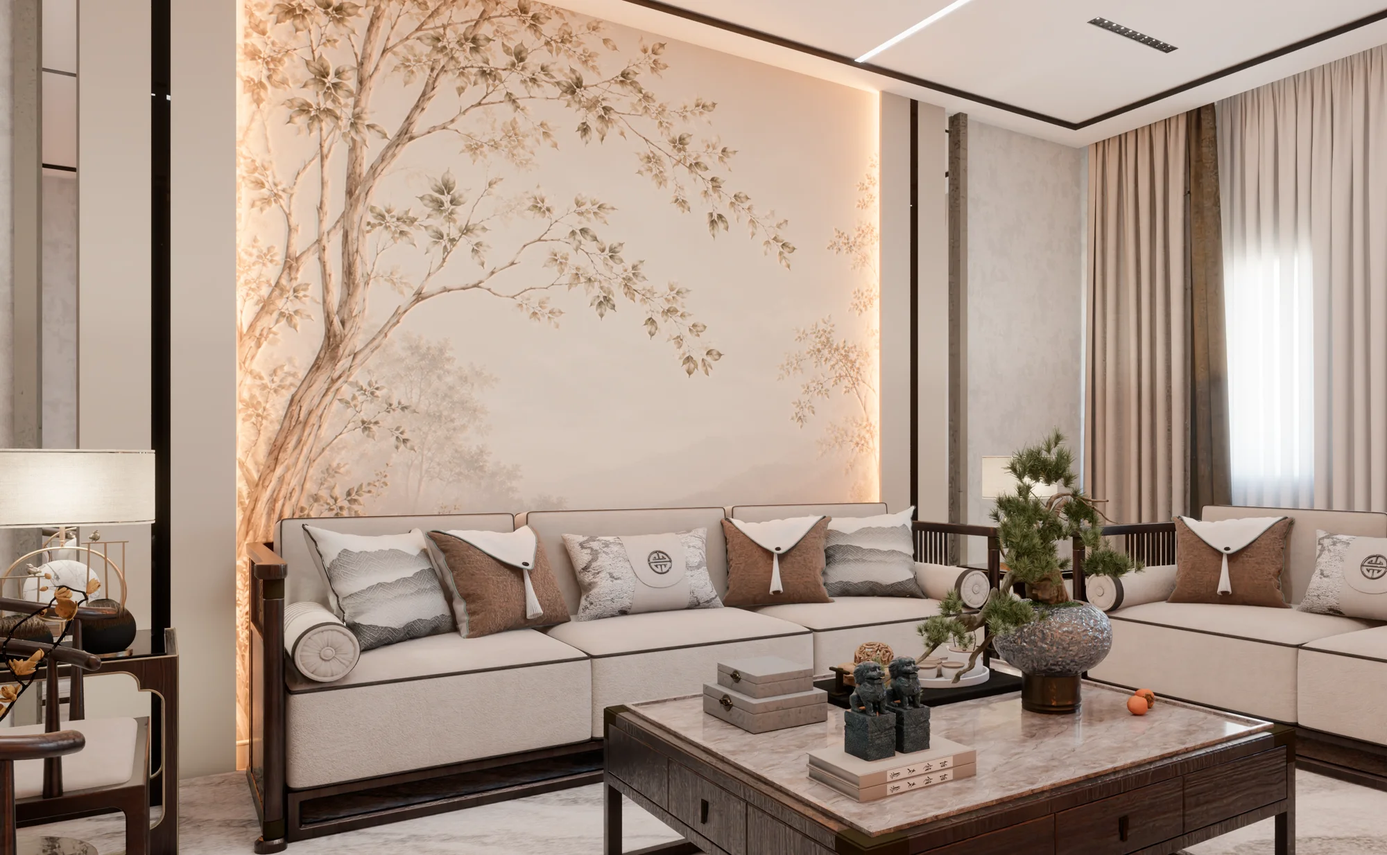 Living room render with a tree-patterned wall and natural materials, rendered inside SketchUp with Render Fun