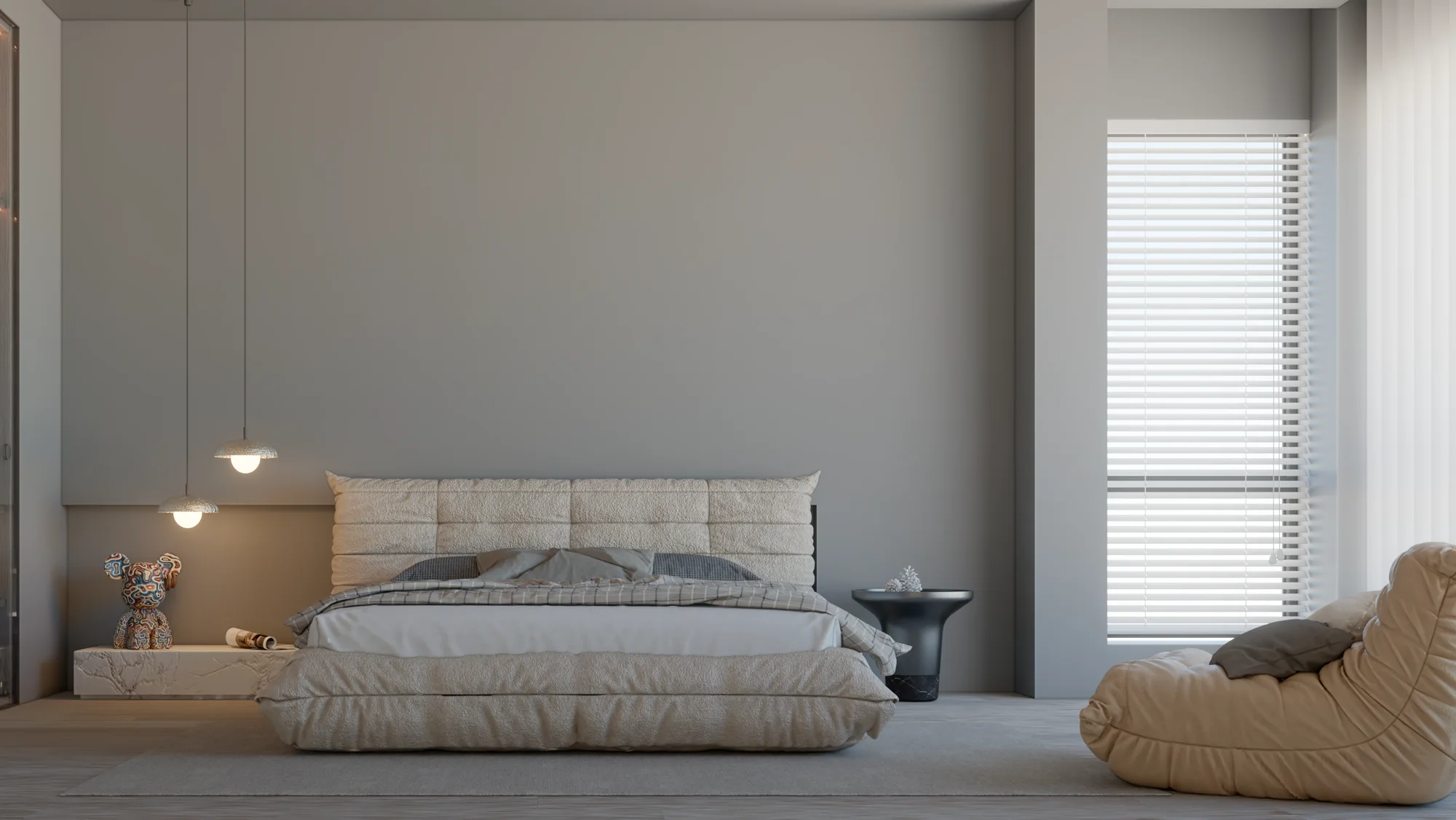Gün ışığıyla aydınlanan sade yatak odası render'ı